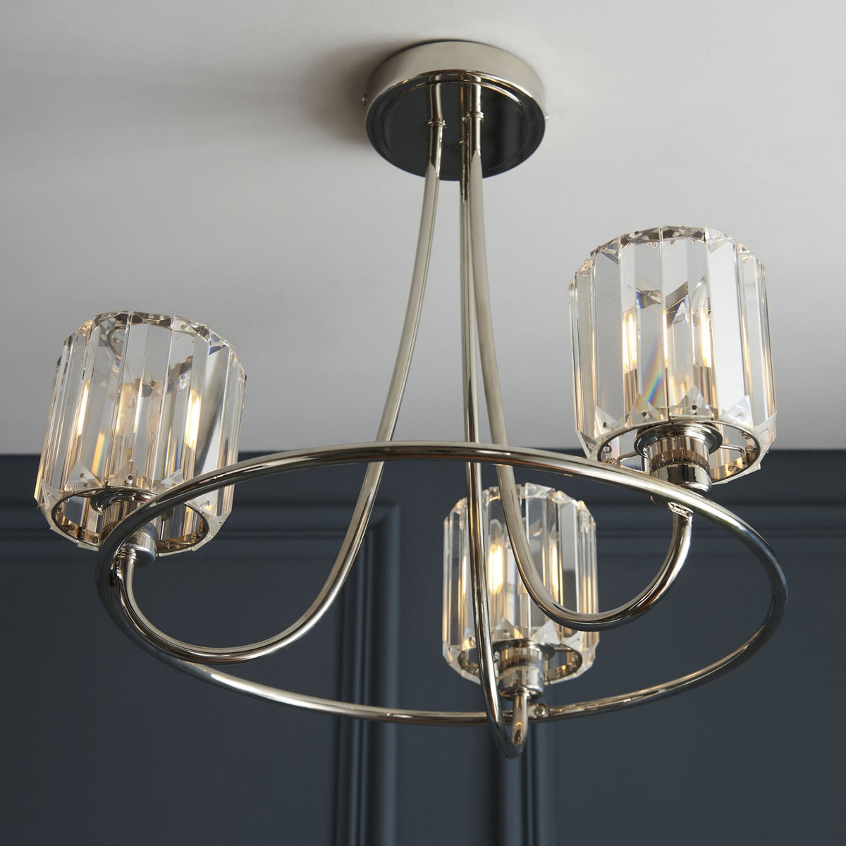 Berenice Three Arm Semi Flush Light in Polished Nickel with Clear Cut Faceted Glass