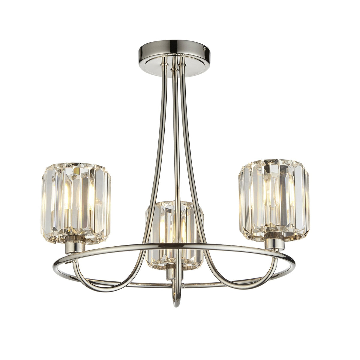 Berenice Three Arm Semi Flush Light in Polished Nickel with Clear Cut Faceted Glass