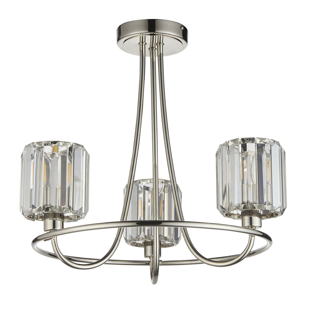 Berenice Three Arm Semi Flush Light in Polished Nickel with Clear Cut Faceted Glass