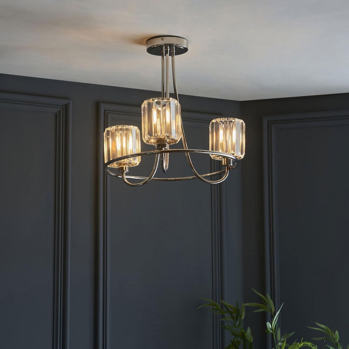 Berenice Three Arm Semi Flush Light in Polished Nickel with Clear Cut Faceted Glass