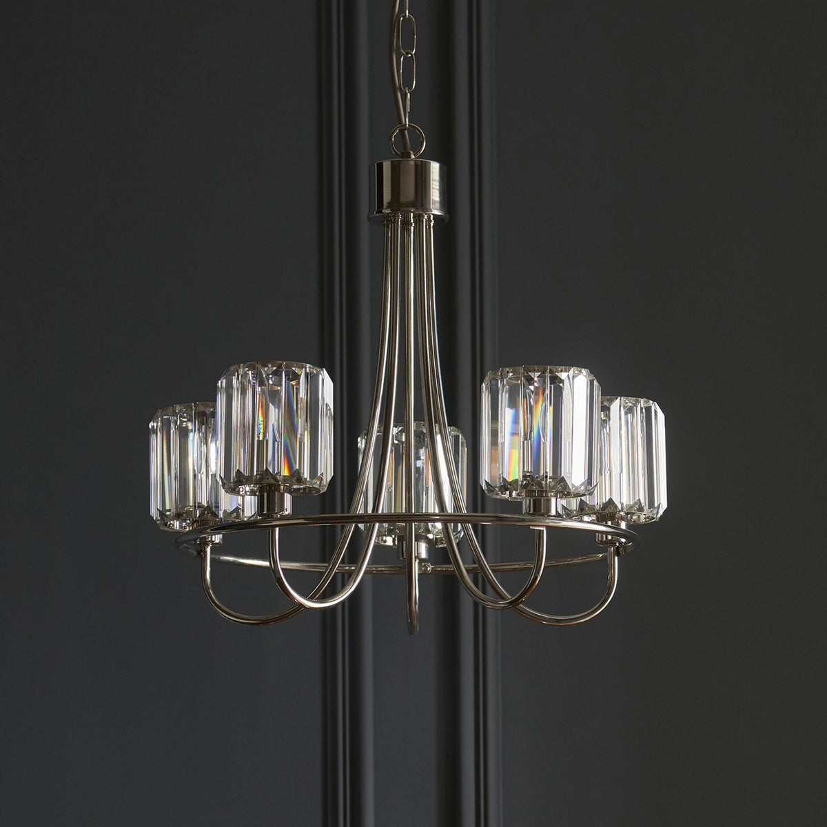 Berenice Five Light Pendant in Polished Nickel with Clear Cut Faceted Glass