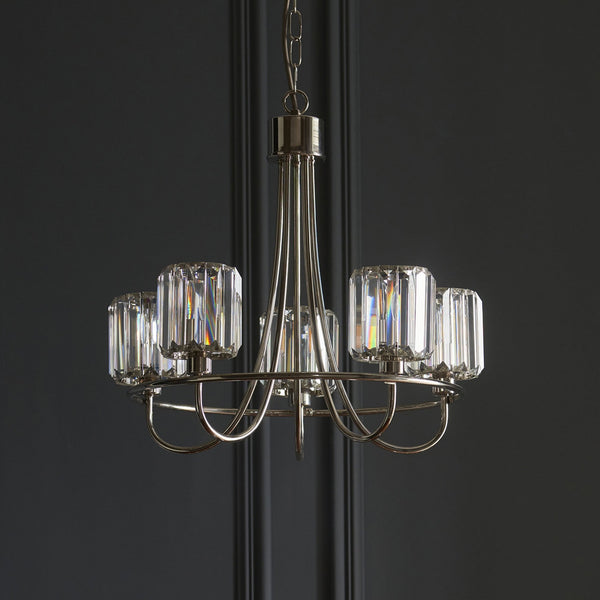Berenice Five Light Pendant in Polished Nickel with Clear Cut Faceted Glass