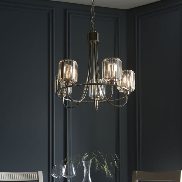 Berenice Five Light Pendant in Polished Nickel with Clear Cut Faceted Glass