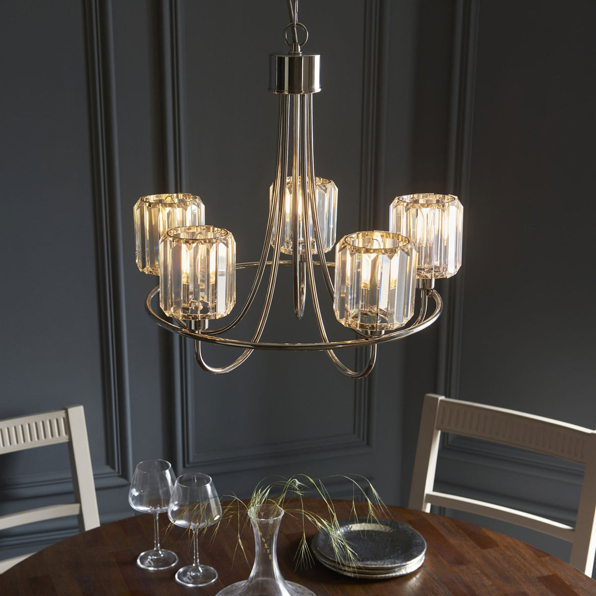 Berenice Five Light Pendant in Polished Nickel with Clear Cut Faceted Glass