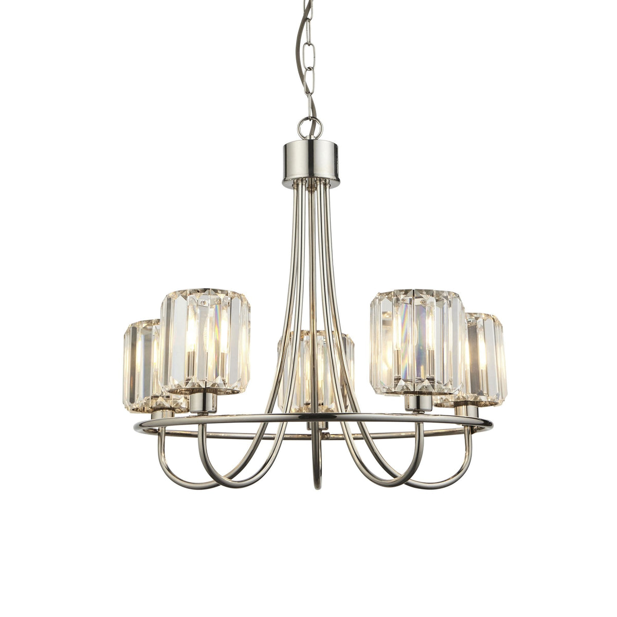 Berenice Five Light Pendant in Polished Nickel with Clear Cut Faceted Glass