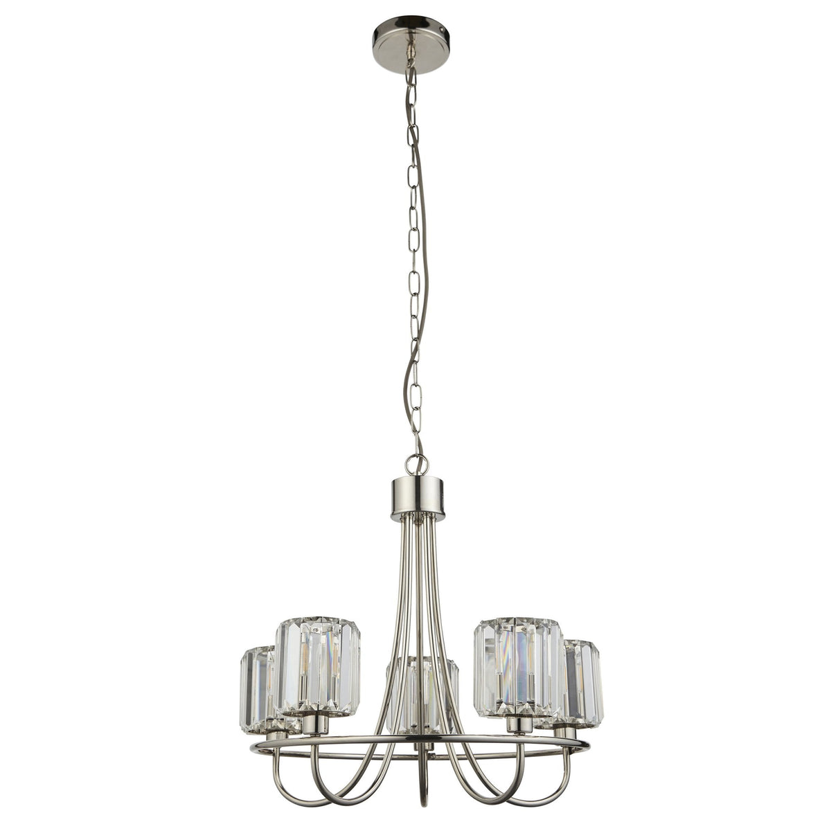 Berenice Five Light Pendant in Polished Nickel with Clear Cut Faceted Glass