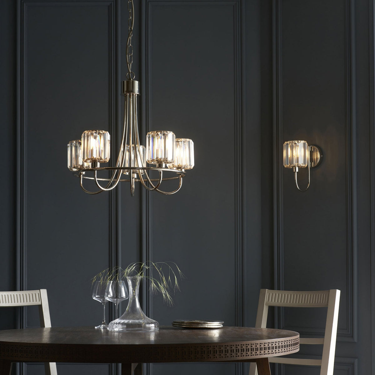Berenice Five Light Pendant in Polished Nickel with Clear Cut Faceted Glass