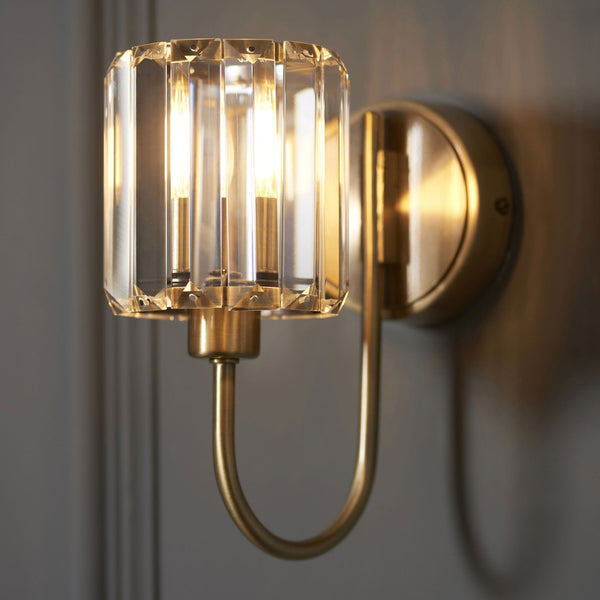 Berenice Wall Light in Antique Brass with Clear Cut Faceted Glass