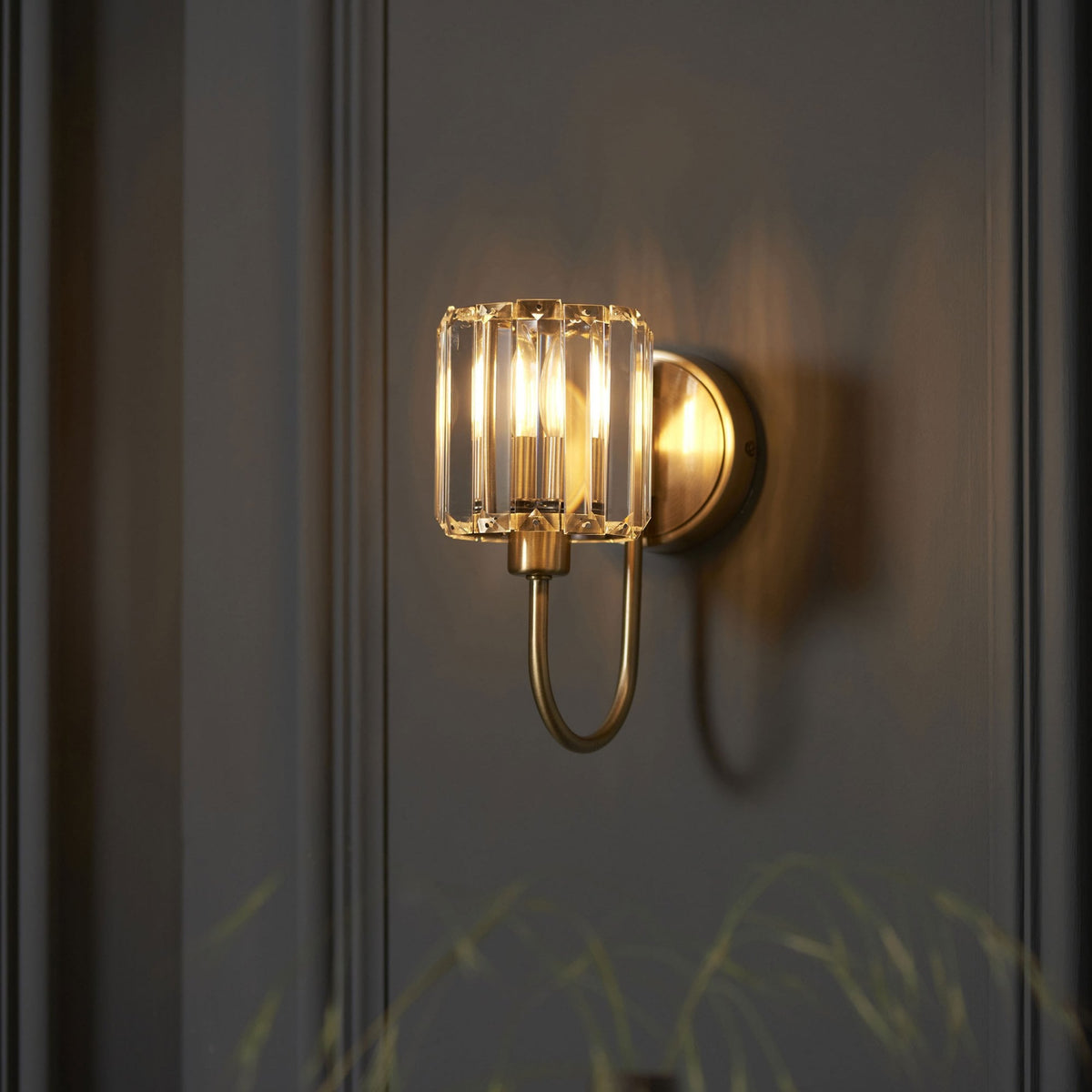 Berenice Wall Light in Antique Brass with Clear Cut Faceted Glass