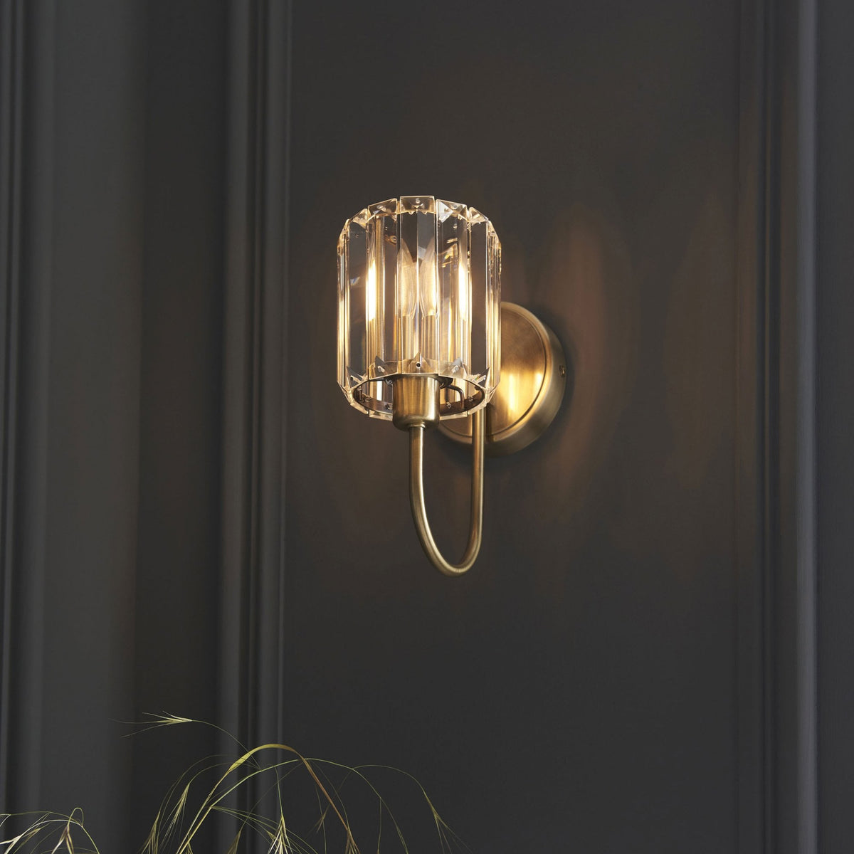Berenice Wall Light in Antique Brass with Clear Cut Faceted Glass