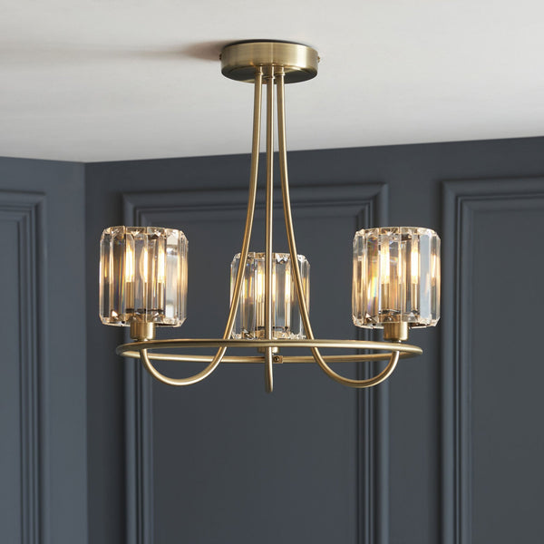 Berenice Three Arm Semi Flush Light in Antique Brass with Clear Cut Faceted Glass