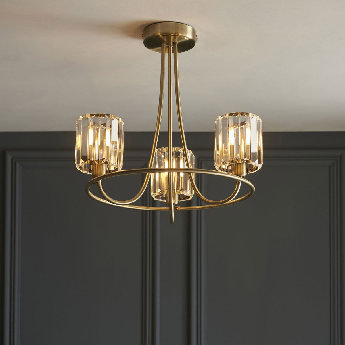 Berenice Three Arm Semi Flush Light in Antique Brass with Clear Cut Faceted Glass