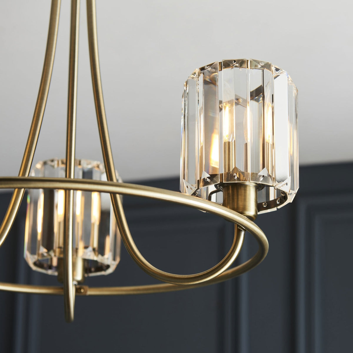 Berenice Three Arm Semi Flush Light in Antique Brass with Clear Cut Faceted Glass
