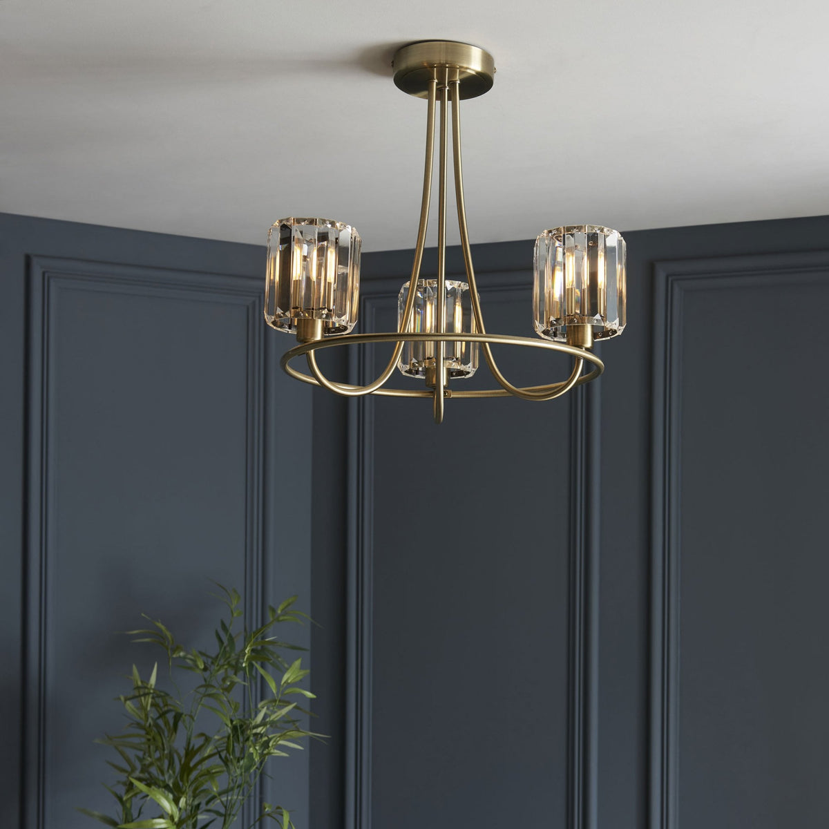 Berenice Three Arm Semi Flush Light in Antique Brass with Clear Cut Faceted Glass