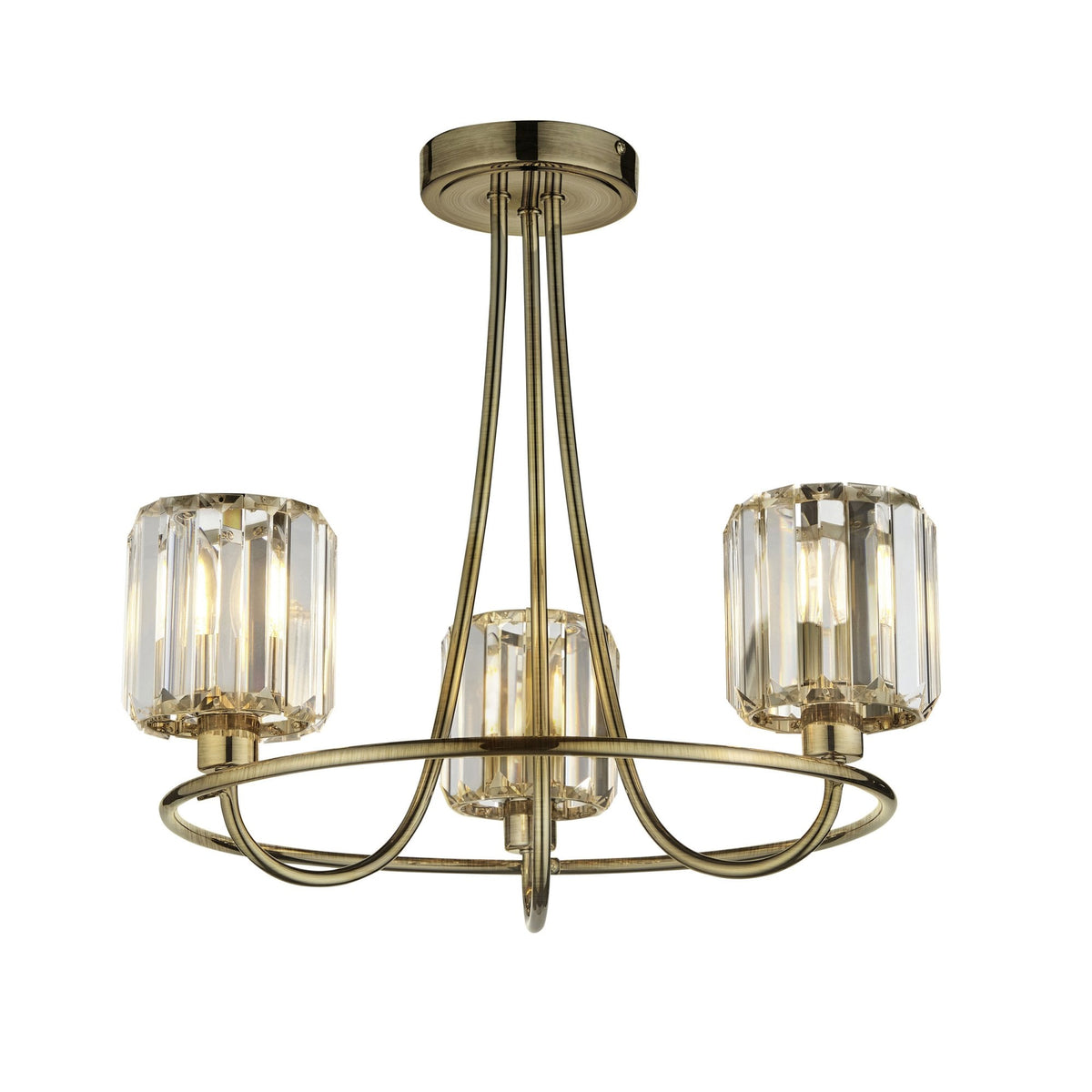 Berenice Three Arm Semi Flush Light in Antique Brass with Clear Cut Faceted Glass