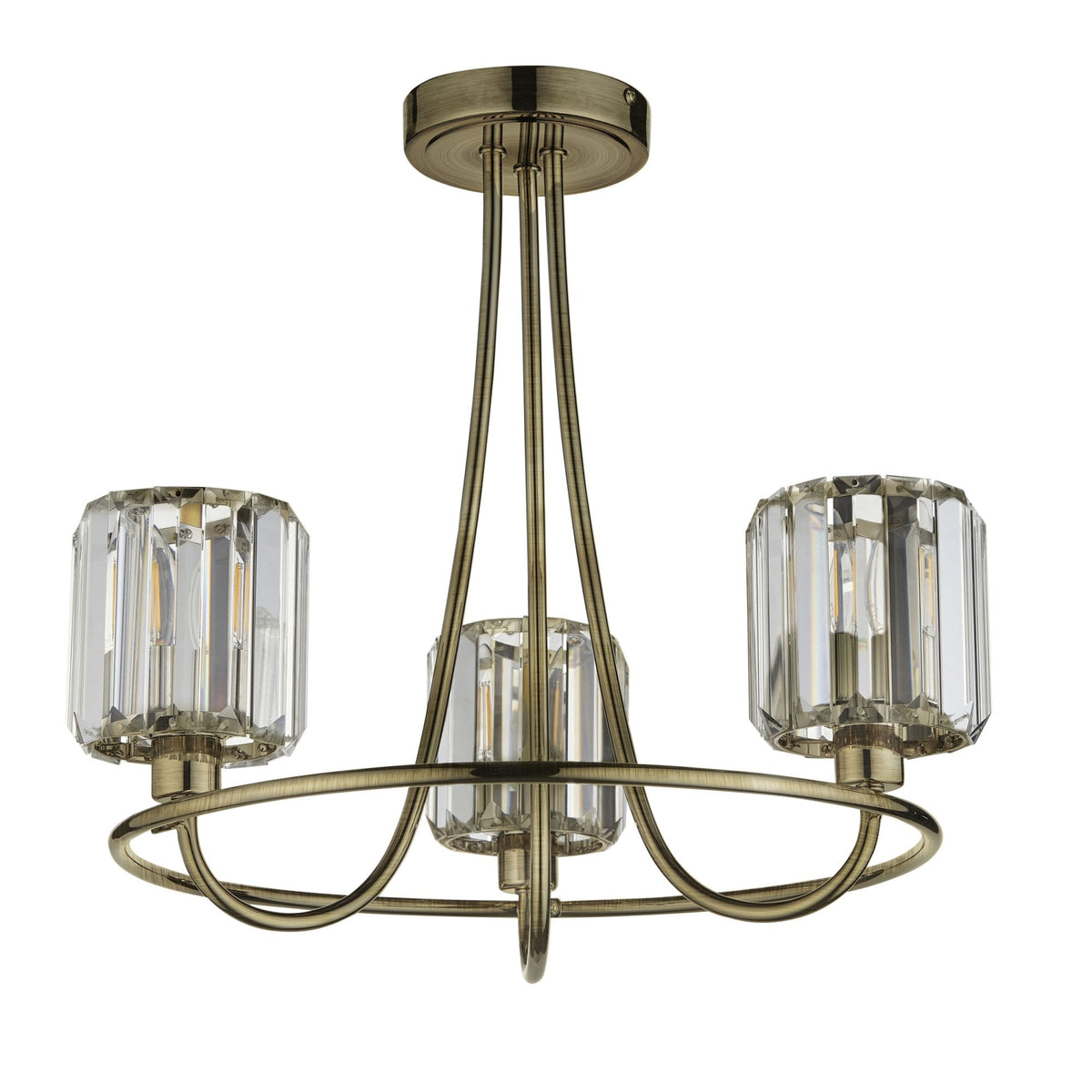 Berenice Three Arm Semi Flush Light in Antique Brass with Clear Cut Faceted Glass