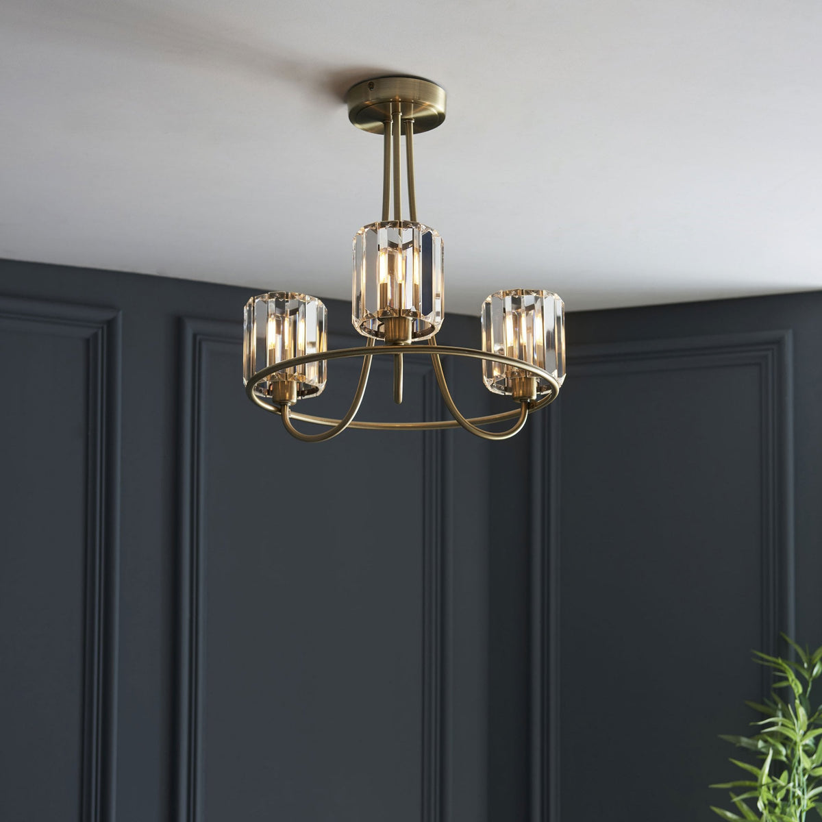 Berenice Three Arm Semi Flush Light in Antique Brass with Clear Cut Faceted Glass