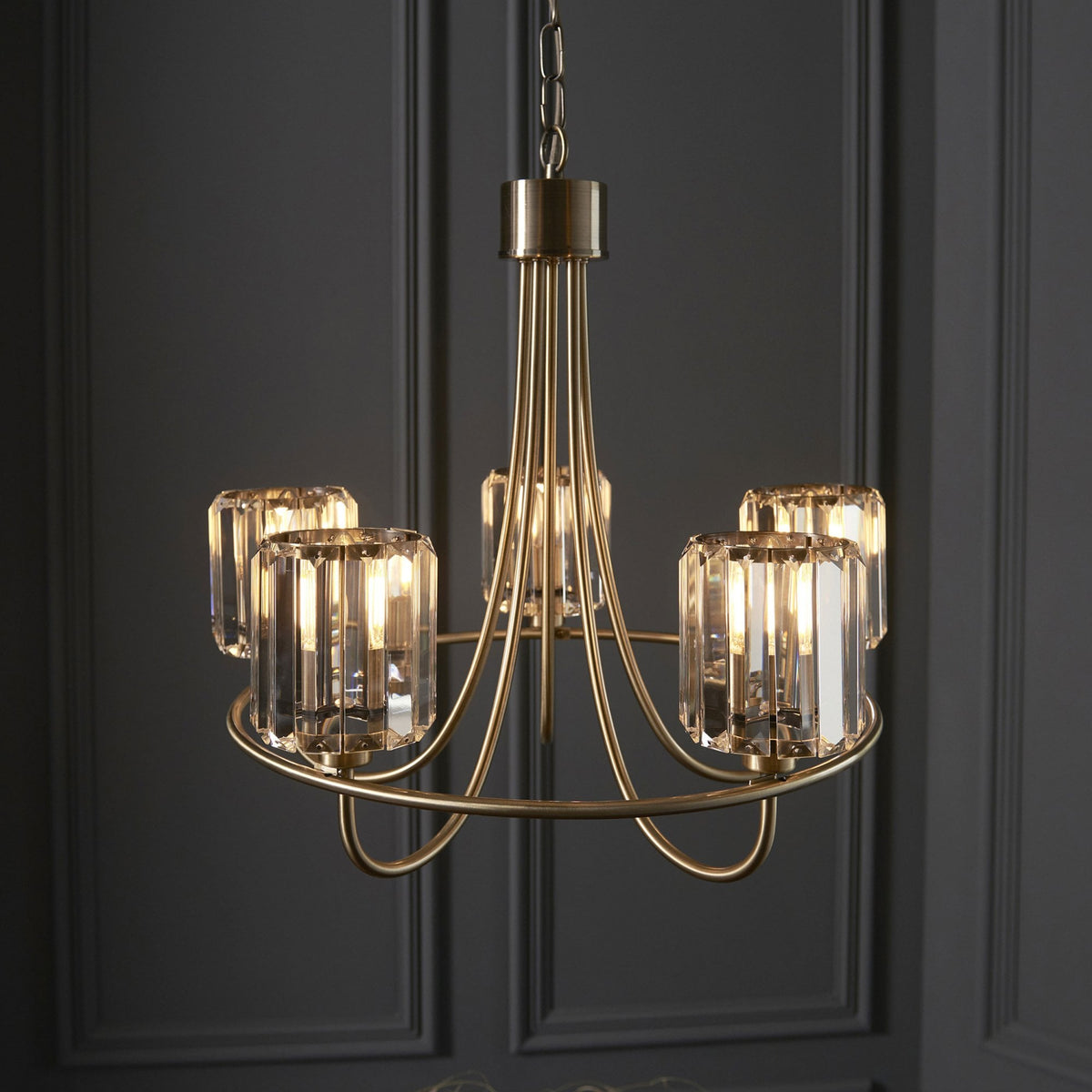 Berenice Five Light Pendant in Antique Brass with Clear Cut Faceted Glass
