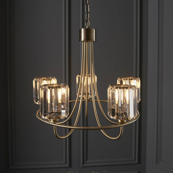 Berenice Five Light Pendant in Antique Brass with Clear Cut Faceted Glass