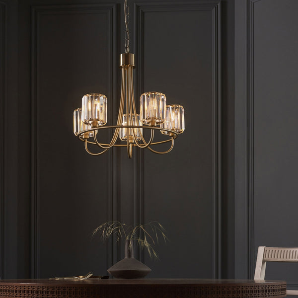 Berenice Five Light Pendant in Antique Brass with Clear Cut Faceted Glass