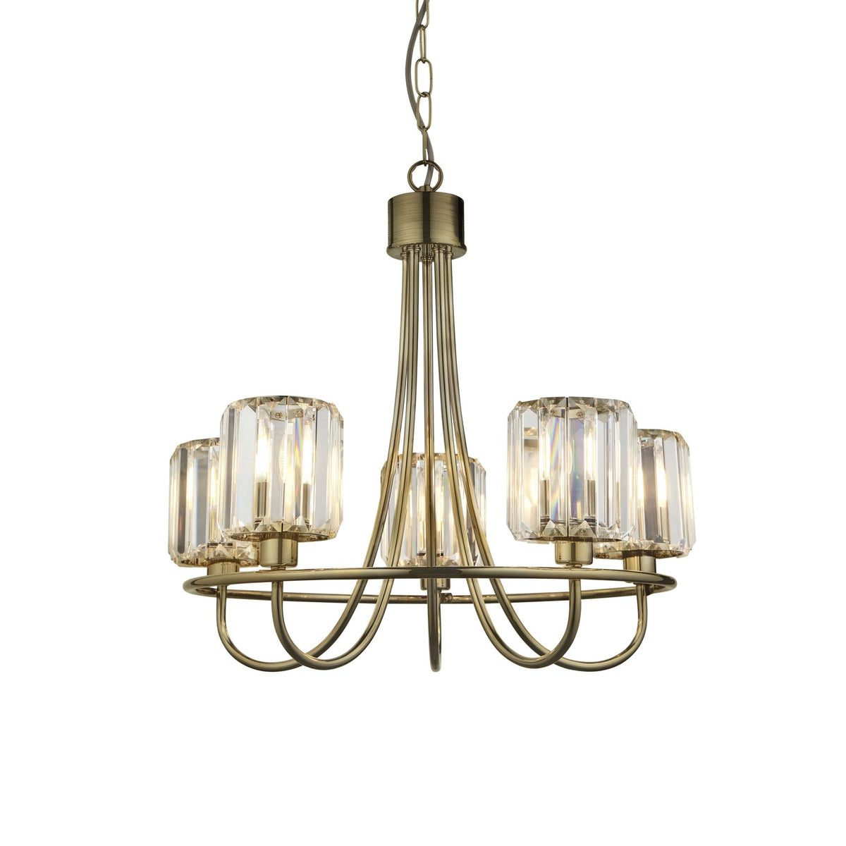 Berenice Five Light Pendant in Antique Brass with Clear Cut Faceted Glass