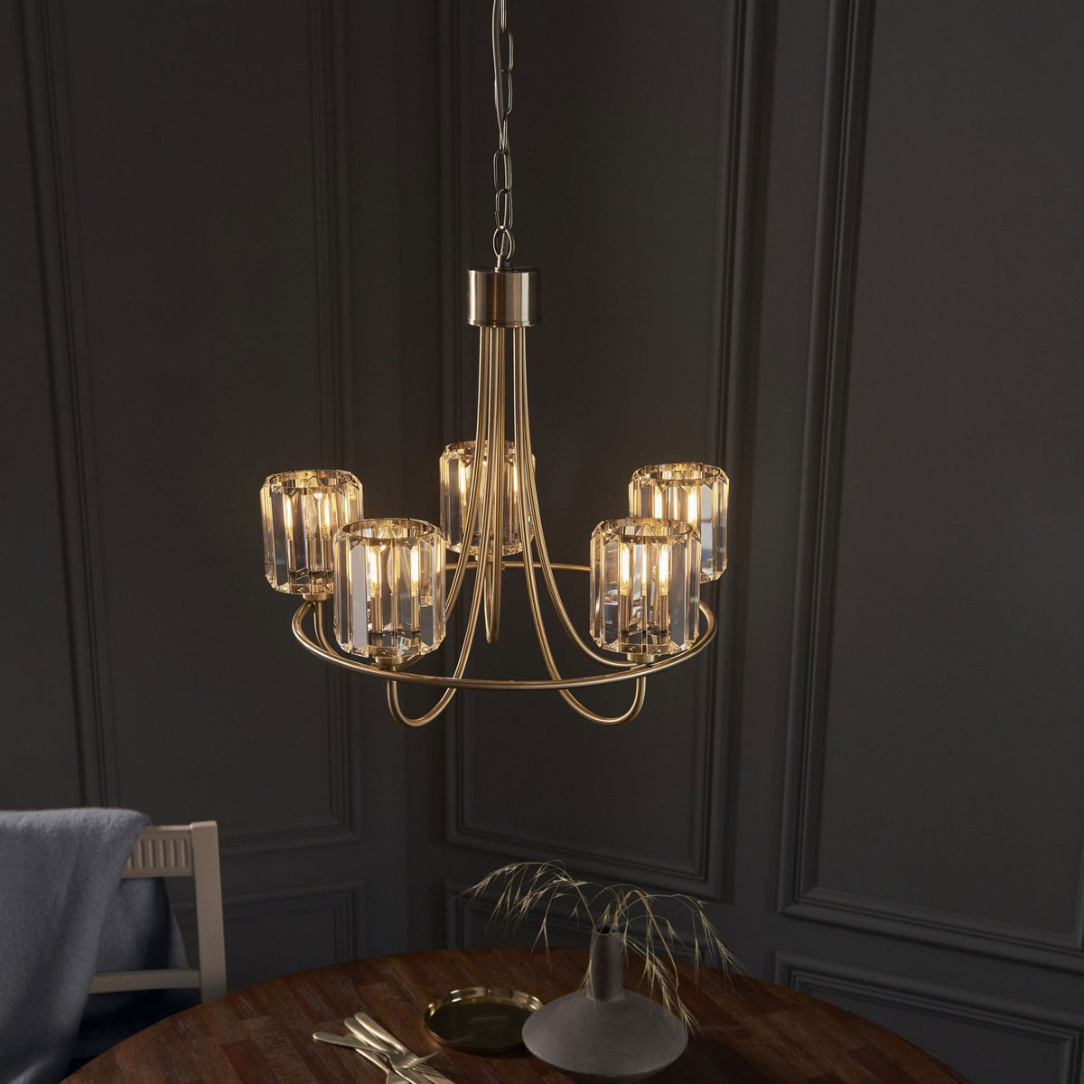 Berenice Five Light Pendant in Antique Brass with Clear Cut Faceted Glass