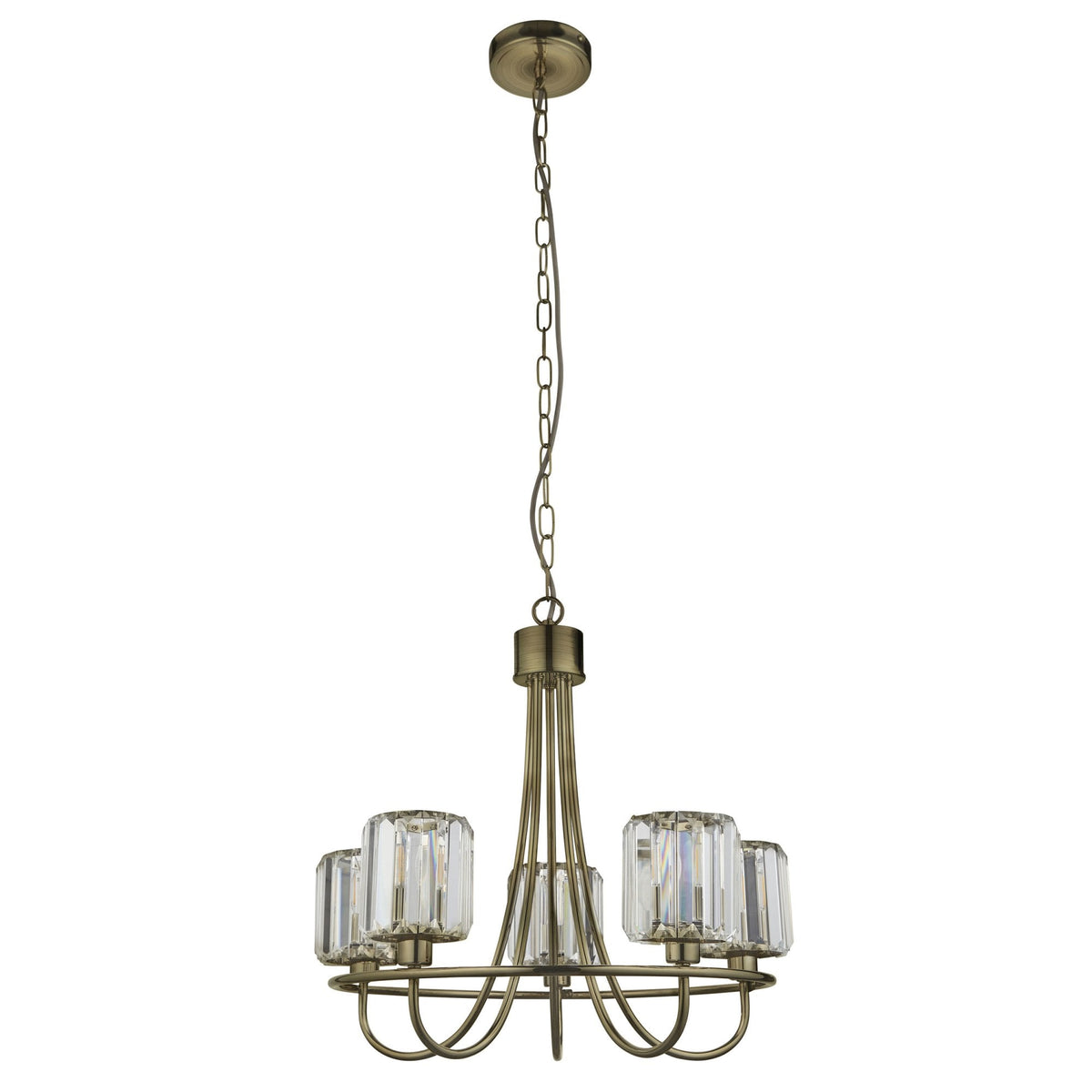 Berenice Five Light Pendant in Antique Brass with Clear Cut Faceted Glass