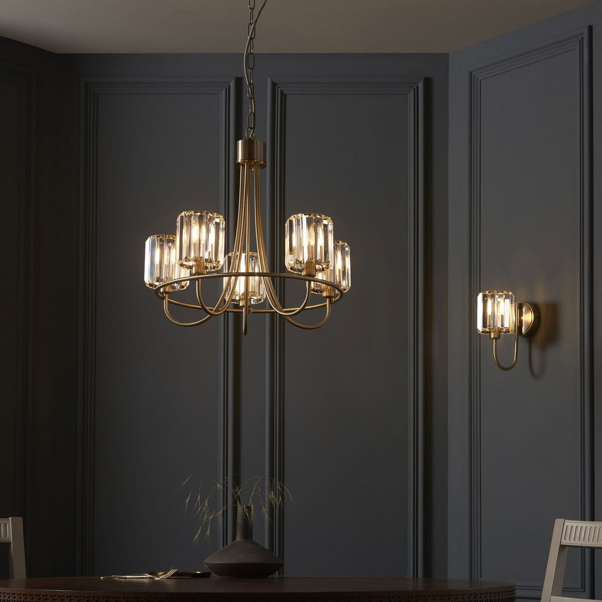 Berenice Five Light Pendant in Antique Brass with Clear Cut Faceted Glass