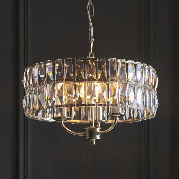 Clifton Three Light Pendant Chandelier in Bright Nickel with Clear Cut Faceted Glass