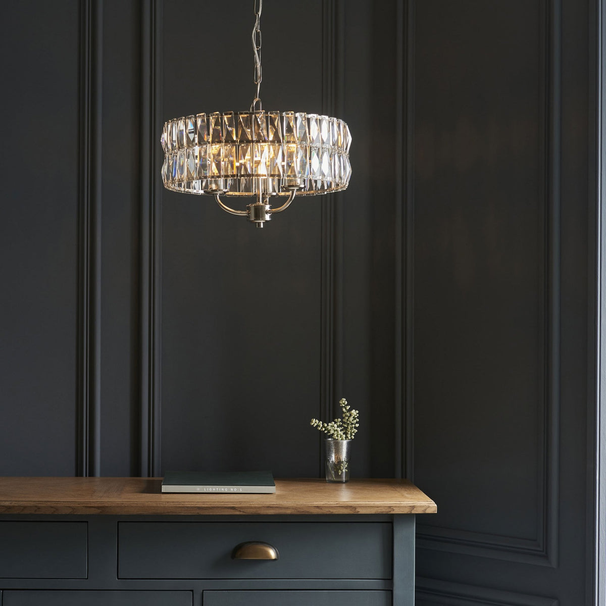 Clifton Three Light Pendant Chandelier in Bright Nickel with Clear Cut Faceted Glass