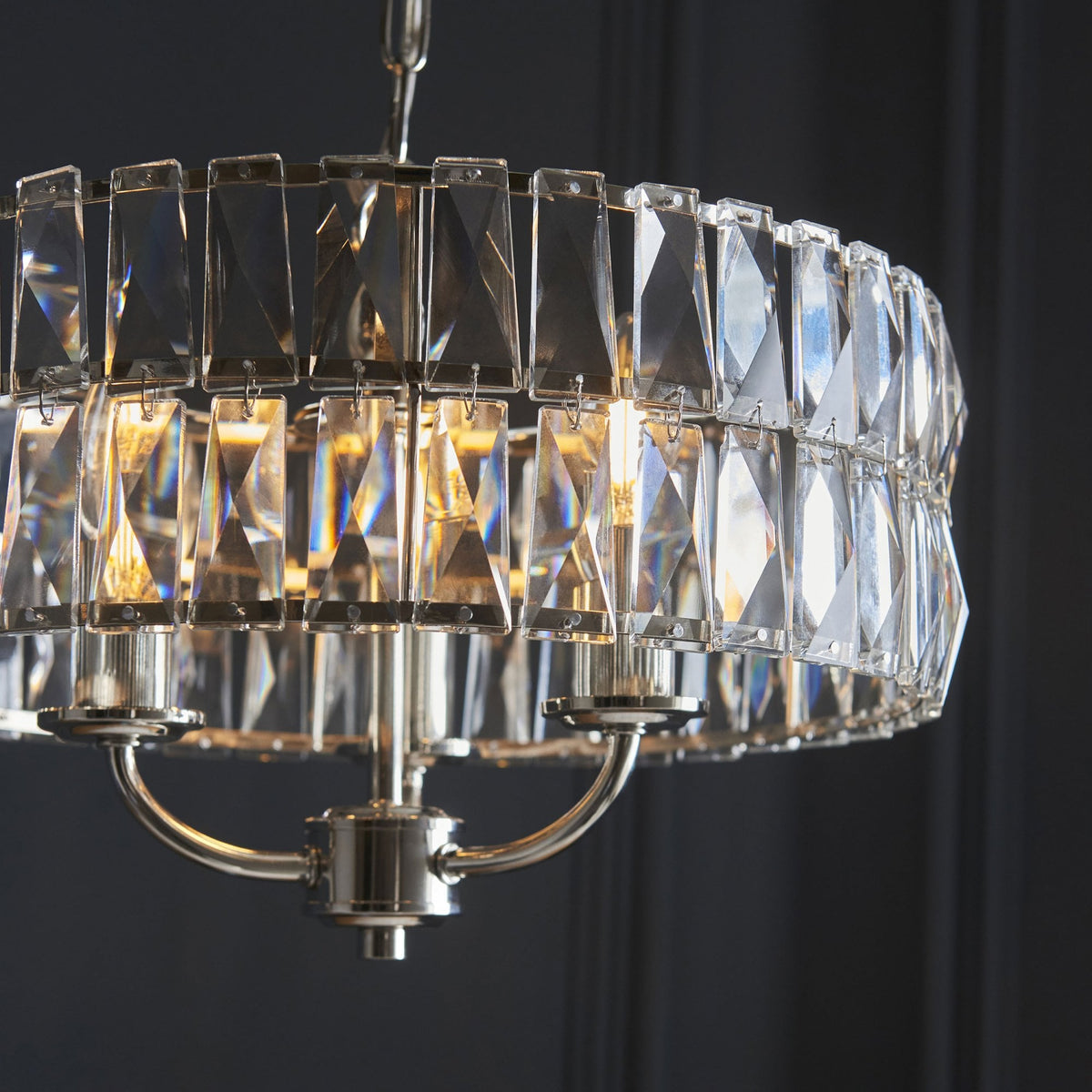 Clifton Three Light Pendant Chandelier in Bright Nickel with Clear Cut Faceted Glass