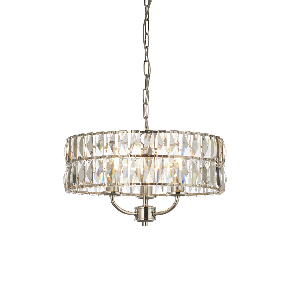 Clifton Three Light Pendant Chandelier in Bright Nickel with Clear Cut Faceted Glass