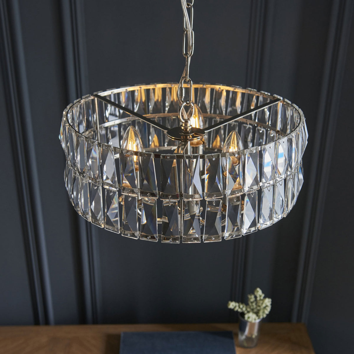 Clifton Three Light Pendant Chandelier in Bright Nickel with Clear Cut Faceted Glass