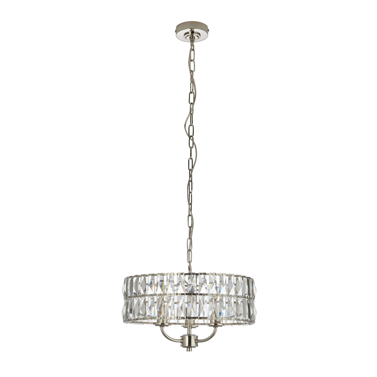 Clifton Three Light Pendant Chandelier in Bright Nickel with Clear Cut Faceted Glass
