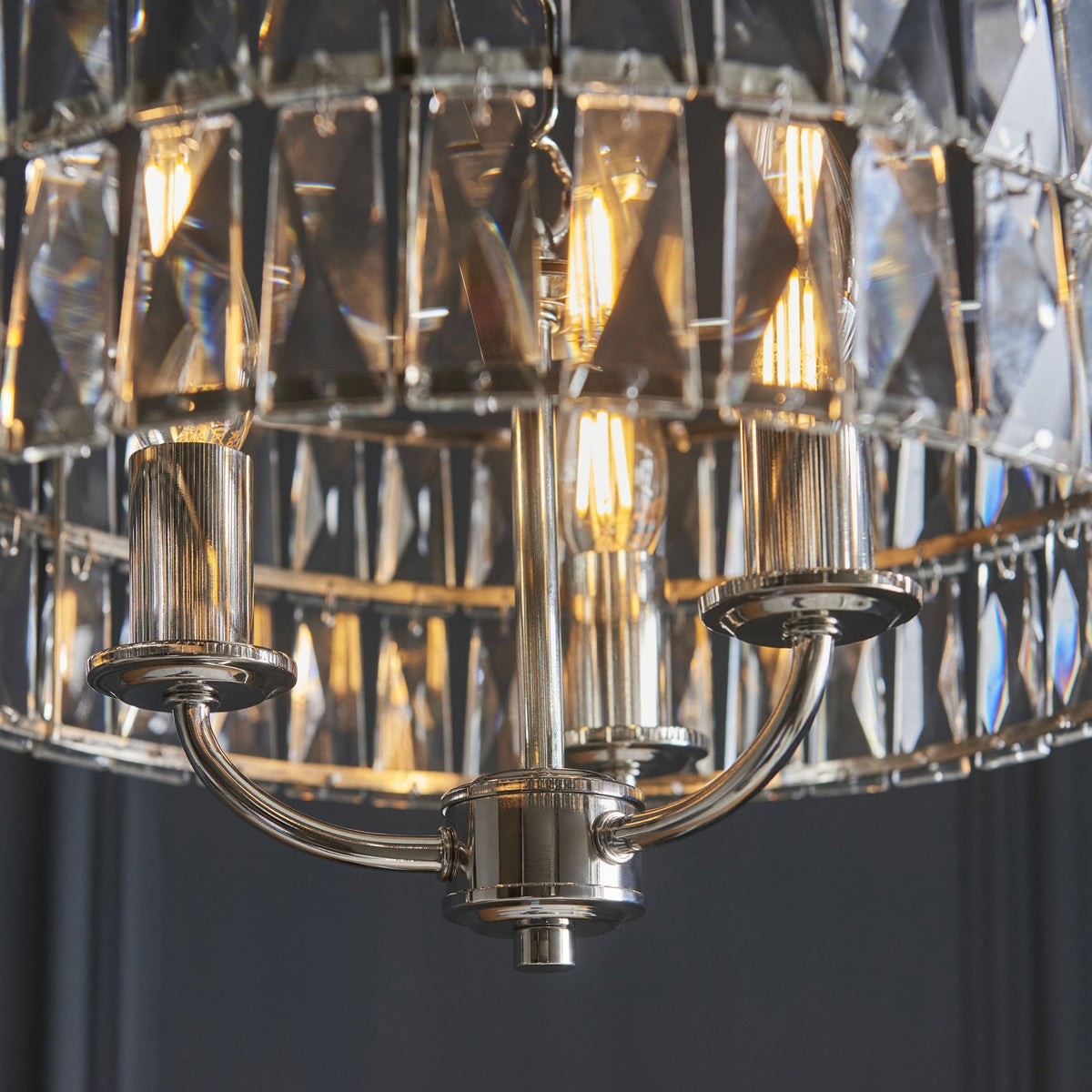 Clifton Three Light Pendant Chandelier in Bright Nickel with Clear Cut Faceted Glass