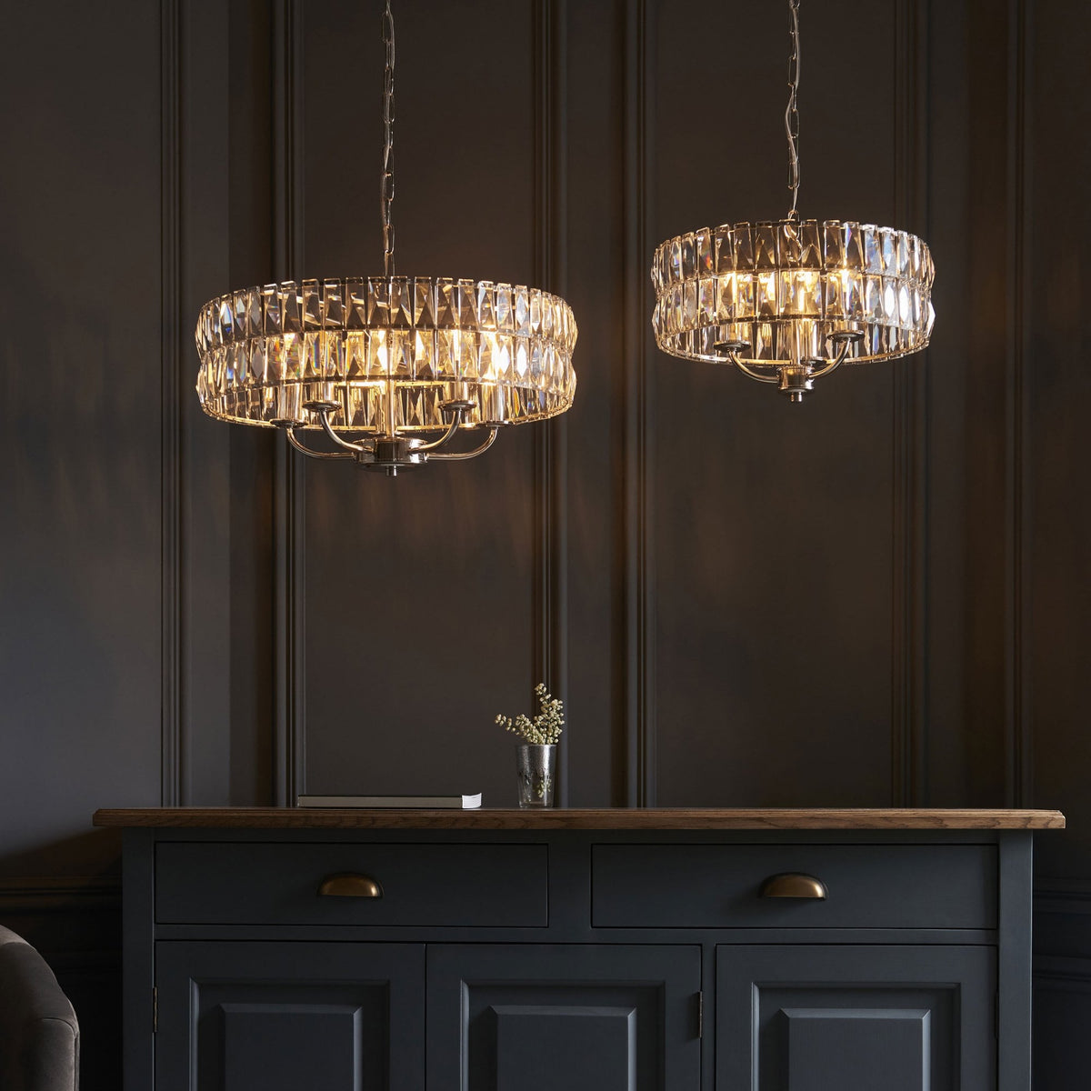 Clifton Three Light Pendant Chandelier in Bright Nickel with Clear Cut Faceted Glass