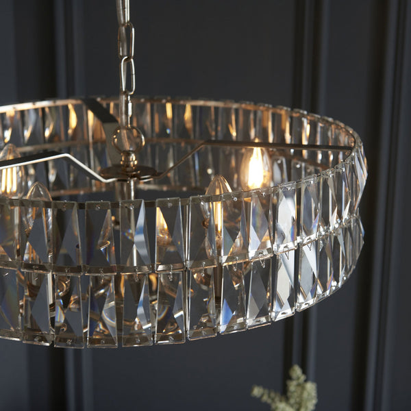 Clifton Five Light Pendant Chandelier in Bright Nickel with Clear Cut Faceted Glass