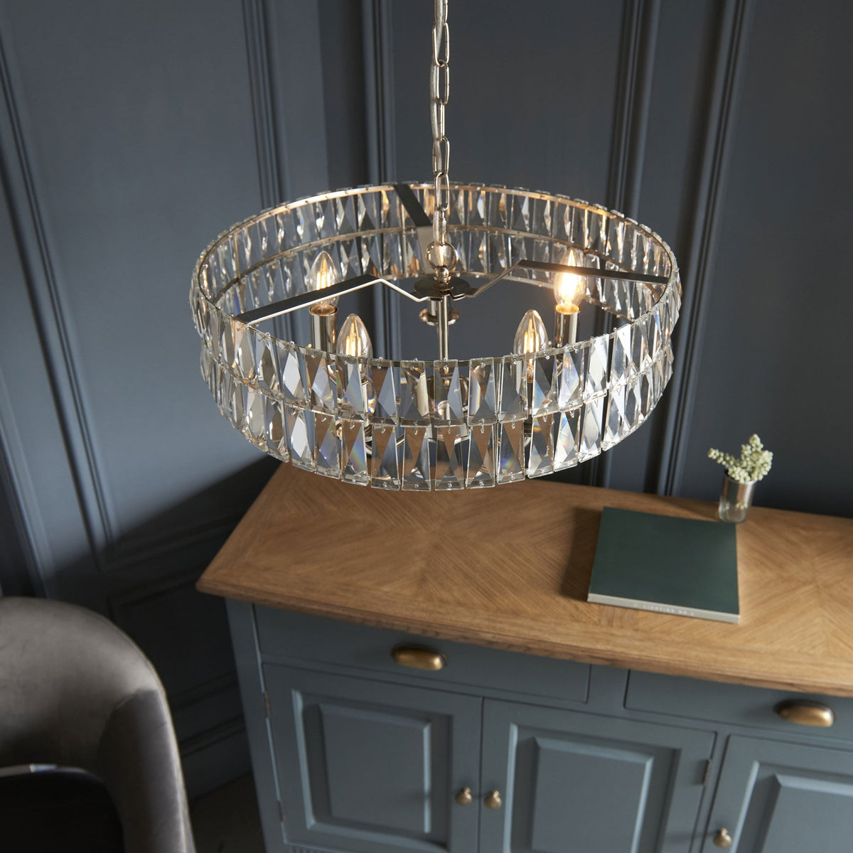 Clifton Five Light Pendant Chandelier in Bright Nickel with Clear Cut Faceted Glass