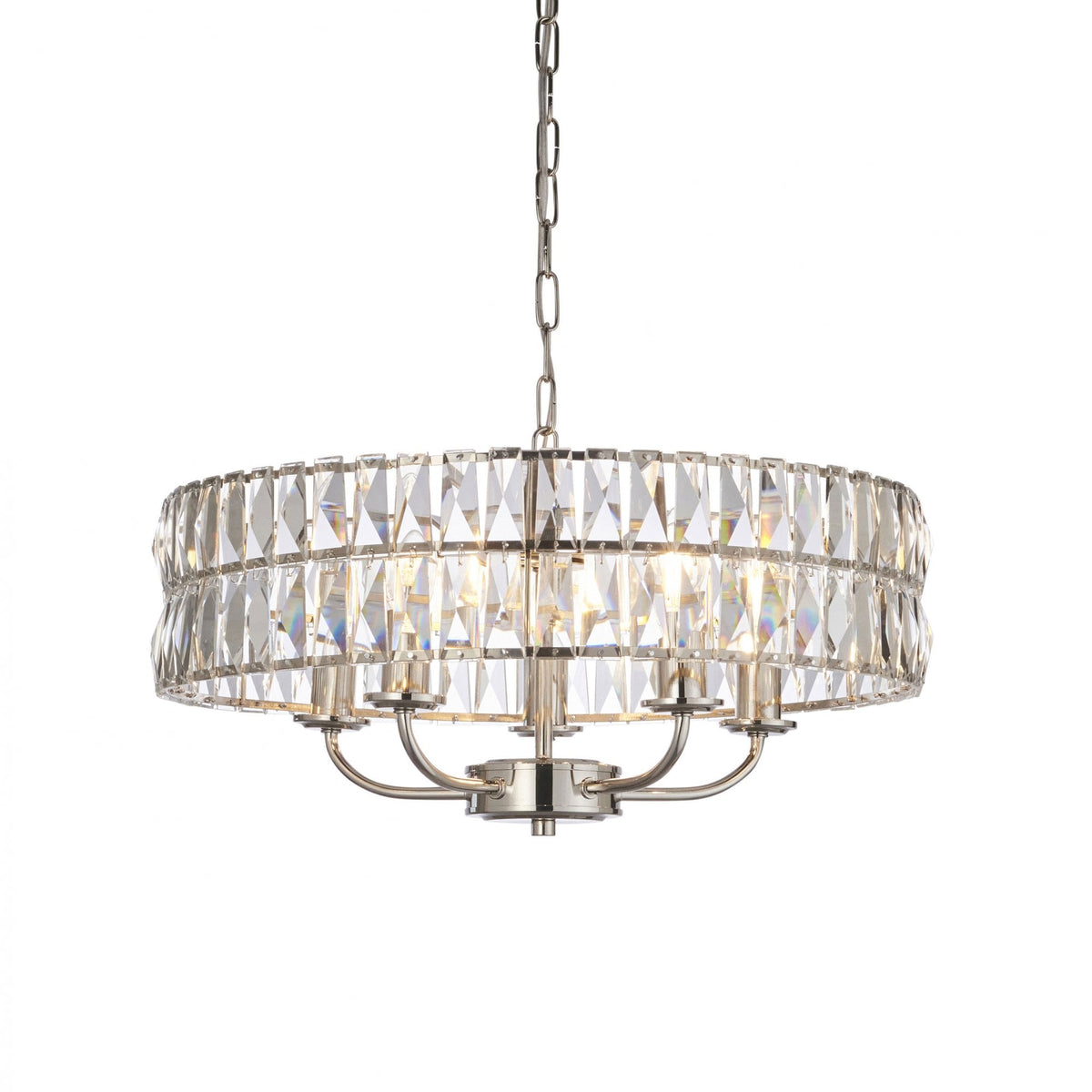 Clifton Five Light Pendant Chandelier in Bright Nickel with Clear Cut Faceted Glass