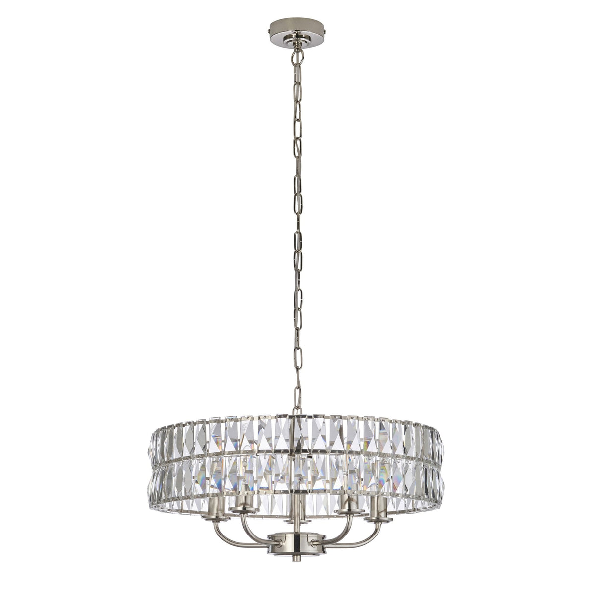 Clifton Five Light Pendant Chandelier in Bright Nickel with Clear Cut Faceted Glass