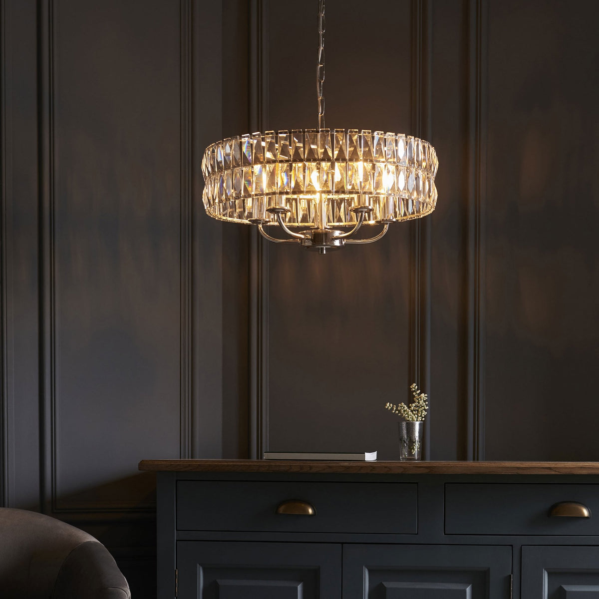 Clifton Five Light Pendant Chandelier in Bright Nickel with Clear Cut Faceted Glass