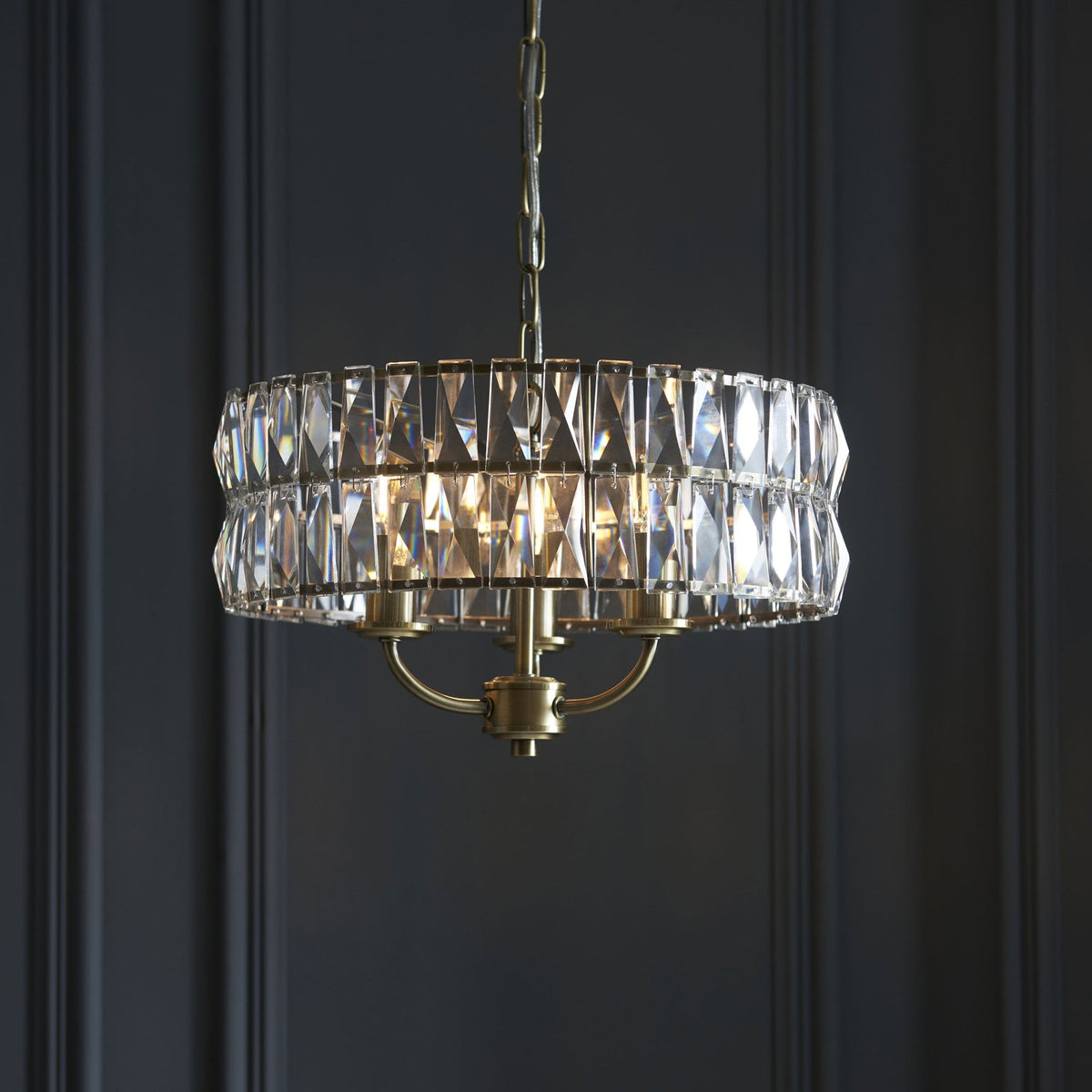 Clifton Three Light Pendant Chandelier in Antique Brass with Clear Cut Faceted Glass