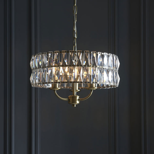 Clifton Three Light Pendant Chandelier in Antique Brass with Clear Cut Faceted Glass