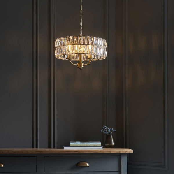 Clifton Three Light Pendant Chandelier in Antique Brass with Clear Cut Faceted Glass