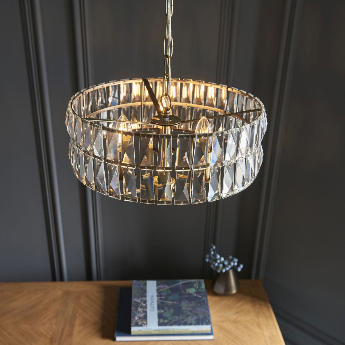 Clifton Three Light Pendant Chandelier in Antique Brass with Clear Cut Faceted Glass