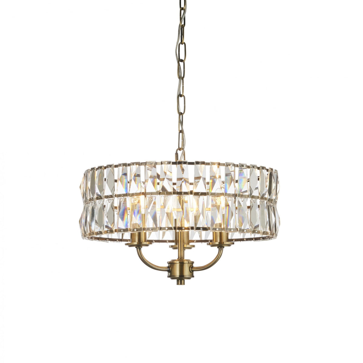 Clifton Three Light Pendant Chandelier in Antique Brass with Clear Cut Faceted Glass