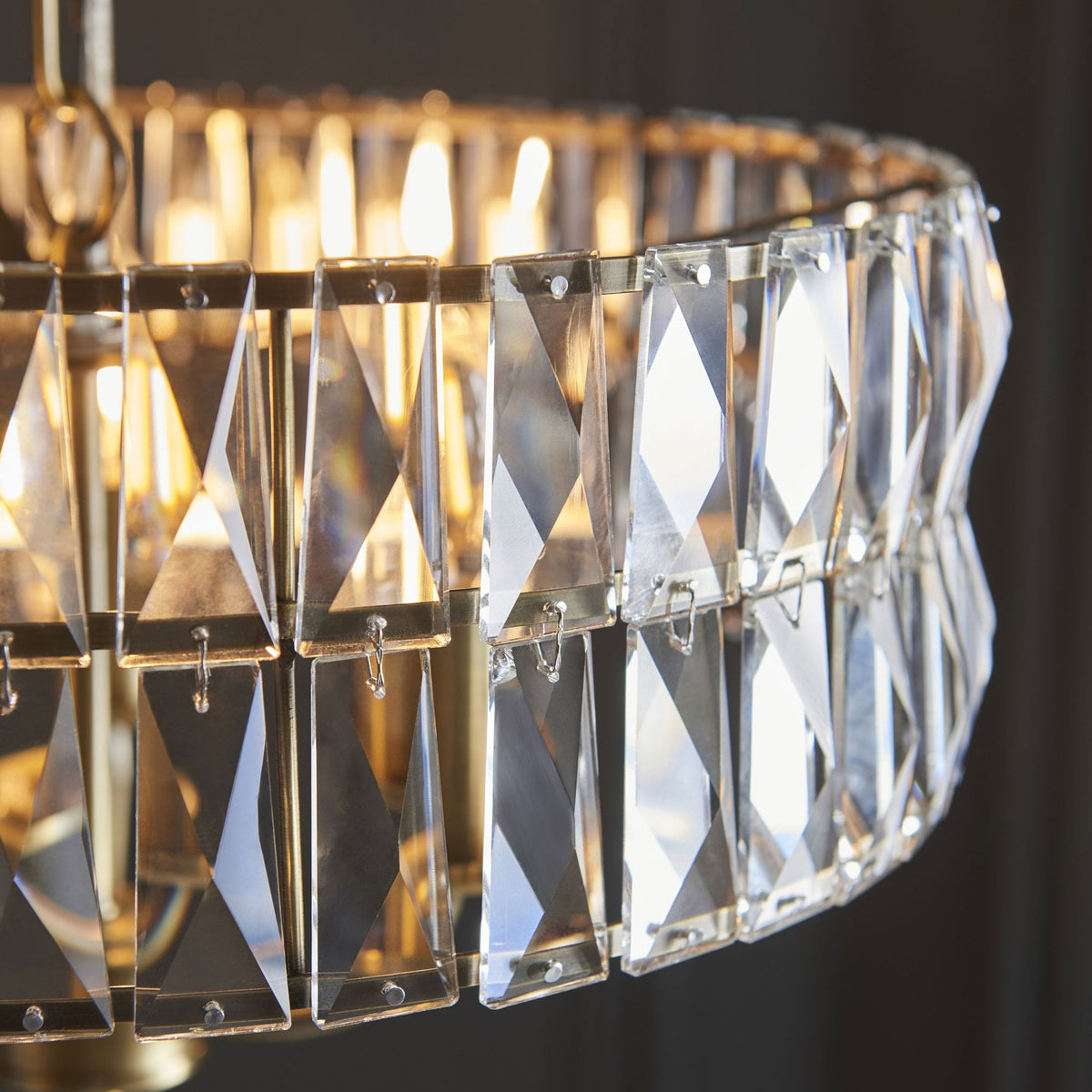 Clifton Three Light Pendant Chandelier in Antique Brass with Clear Cut Faceted Glass