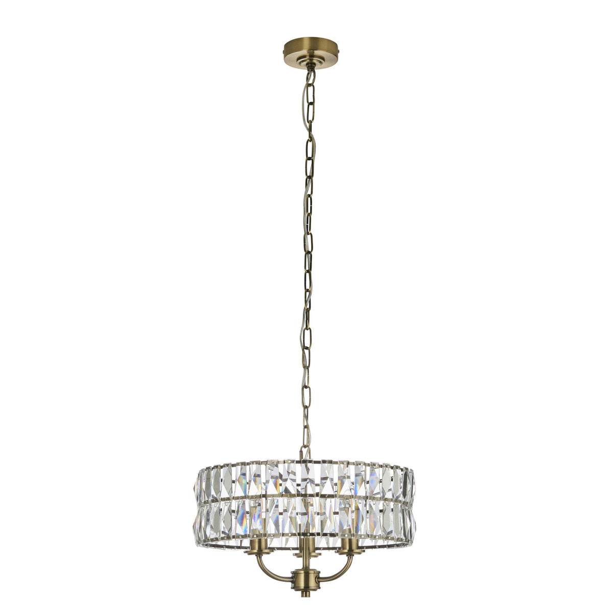Clifton Three Light Pendant Chandelier in Antique Brass with Clear Cut Faceted Glass