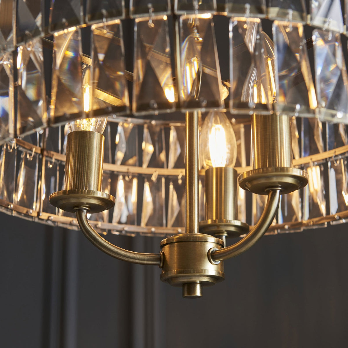 Clifton Three Light Pendant Chandelier in Antique Brass with Clear Cut Faceted Glass
