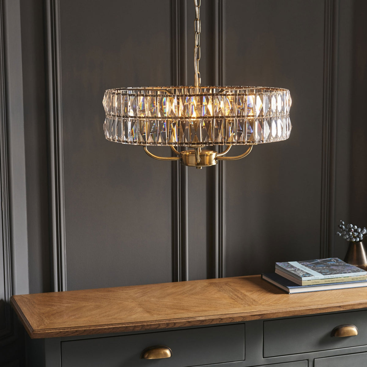 Clifton Five Light Pendant Chandelier in Antique Brass with Clear Cut Faceted Glass